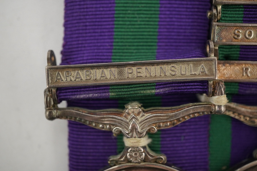 A QEII medal pair, both General Service Medals, awarded to P.K.R. Ross, one medal awarded whilst he was a Second Lieutenant in the Northamptonshire regiment with a clasp for Arabian Peninsula